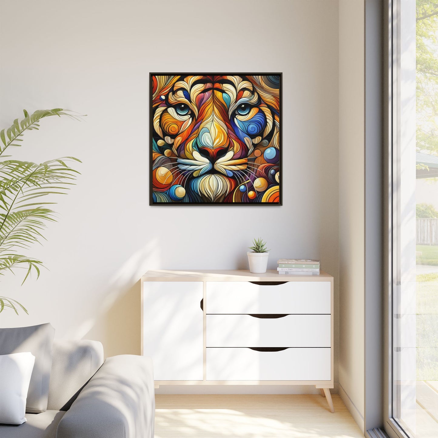 Modern Lion Face Print Abstract Design Unique Framed Canvas Print King of Jungle Wall Art Animal Lover Nature Lover Decor 3 frame colors
