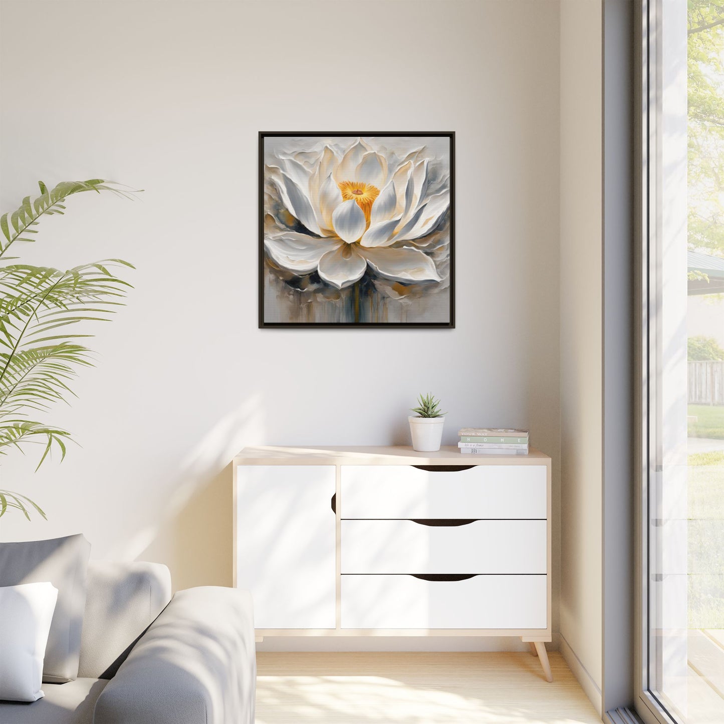Modern Abstract Floral Design Unique Framed Canvas Wall Art White Lotus Gift Nature Lover Gift Garden Lover Gift 3 frame colors