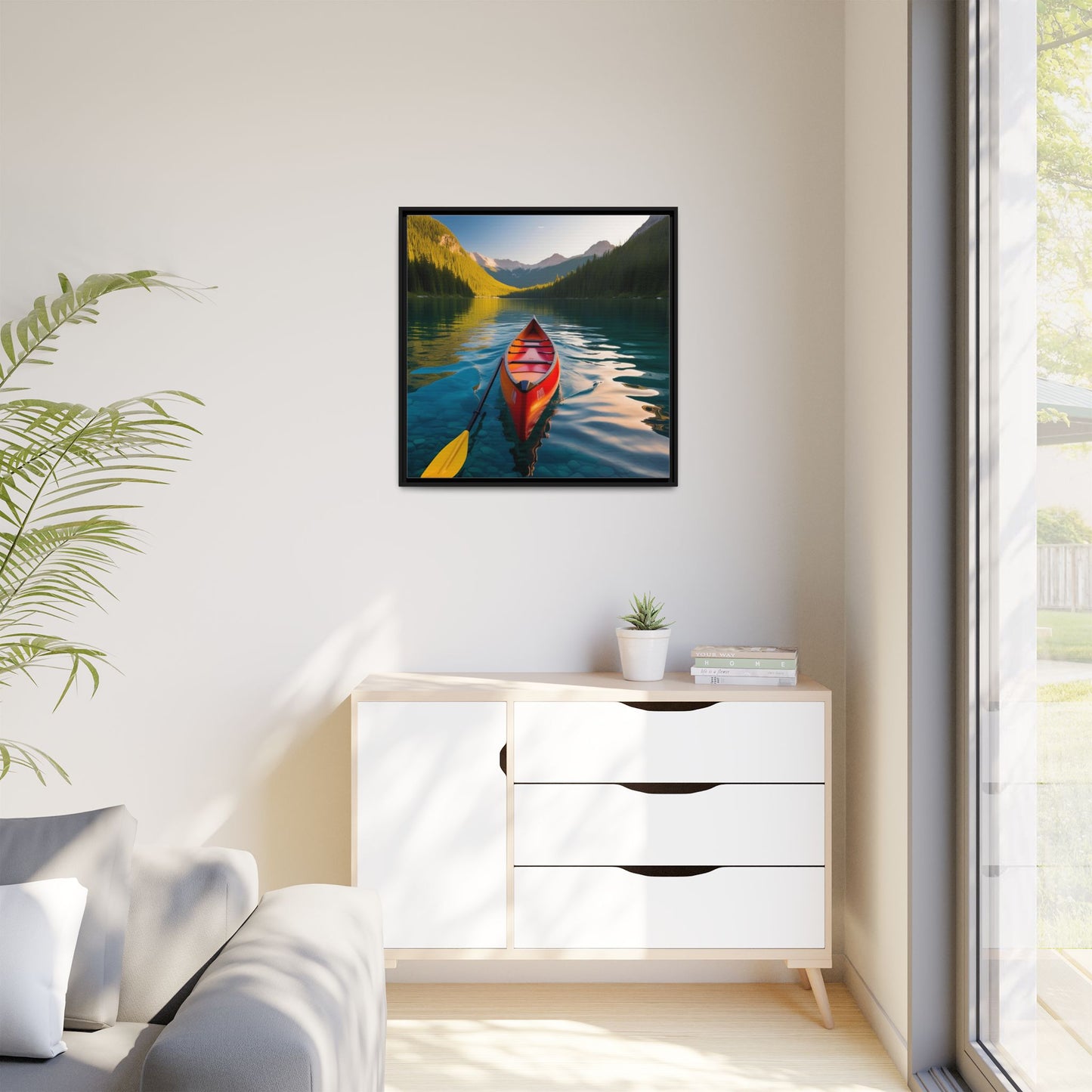 Canoe in the River Framed Canvas Wall Art Mountain Lover Outdoorsman Vacation Kayak Gift Nature Lover Peaceful Zen Gift 3 frame colors
