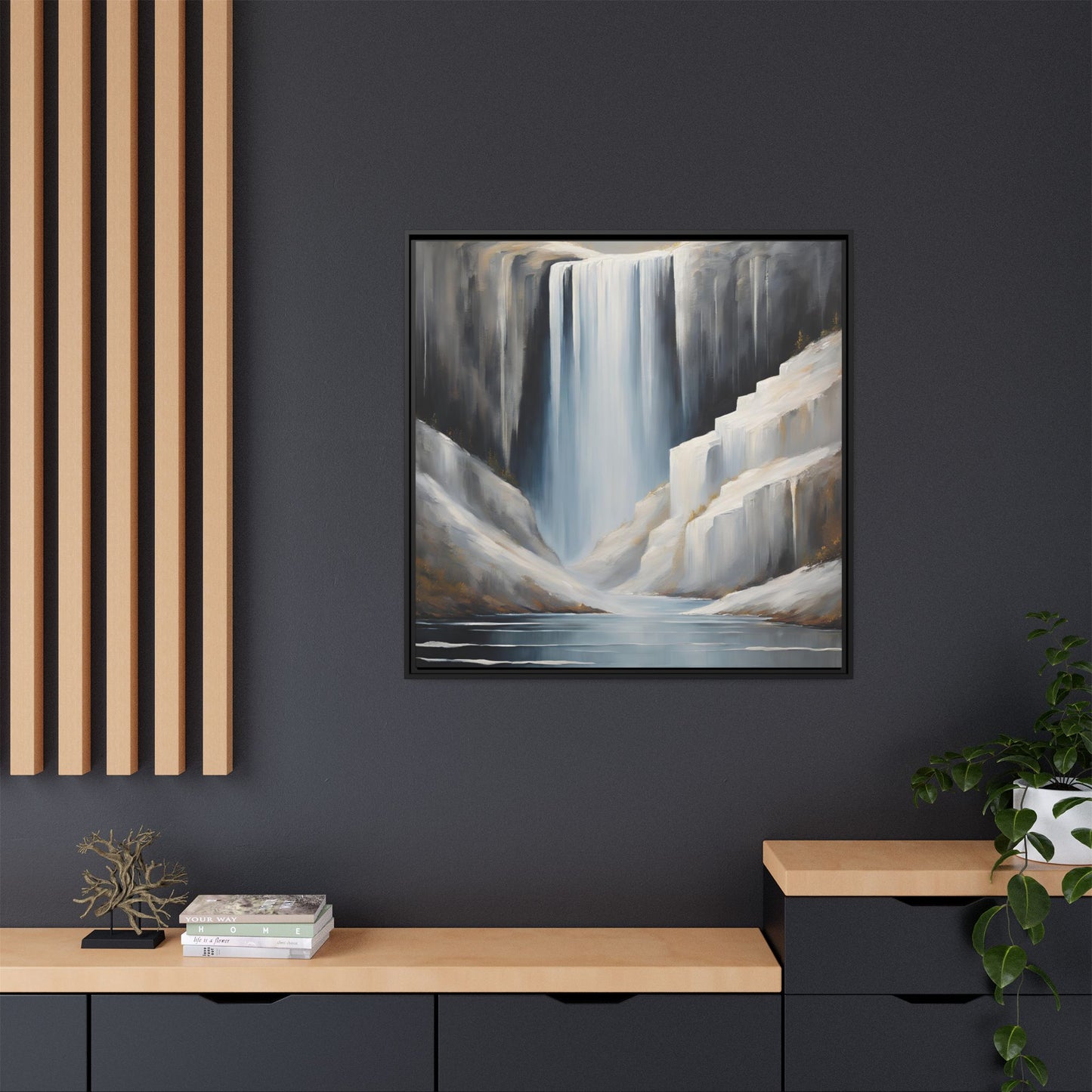 Modern Abstract Waterfall Design Unique Framed Canvas Wall Art Ocean Beach Gift Nature Lover Gift Mountain Landscape Gift 3 frame colors