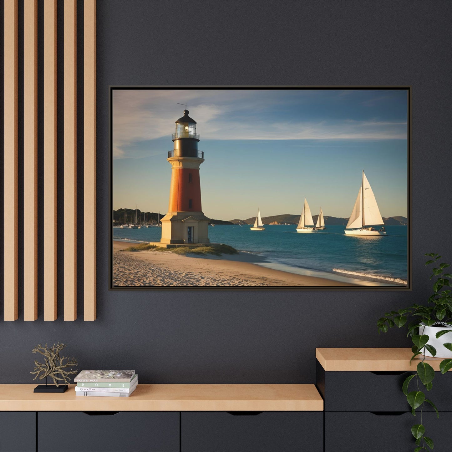 Lighthouse on the Beach Unique Framed Canvas Print Wall Art Nature Lover Gift Beachy Sailboats in the Ocean Vacation Decor 3 frame colors