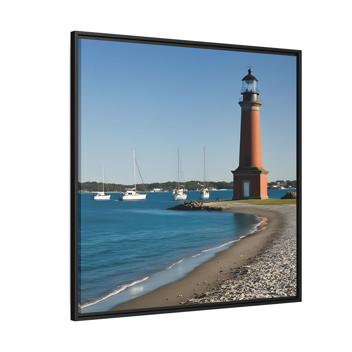 Lighthouse on the Beach Unique Framed Canvas Print Wall Art Nature Lover Gift Beachy Sailboats in the Ocean Vacation Decor 3 frame colors