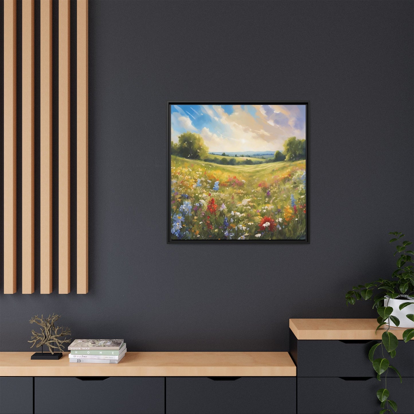 Modern Filed of Flowers Design Unique Framed Canvas Wall Art Gift Nature Lover Landscape Decor Gift 3 frame colors