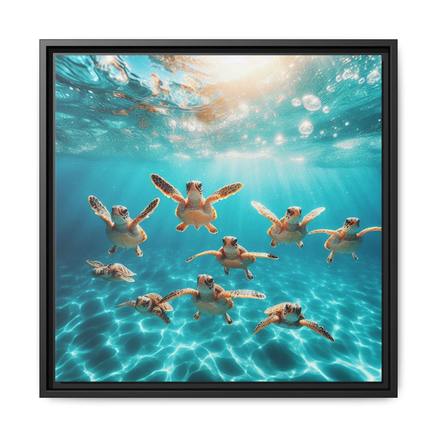 Baby Sea Turtles Out for a Swim Framed Canvas Wall Art Beach Lover Vacation Oceanic Gift Nature Lover Peaceful Zen Gift 3 frame colors