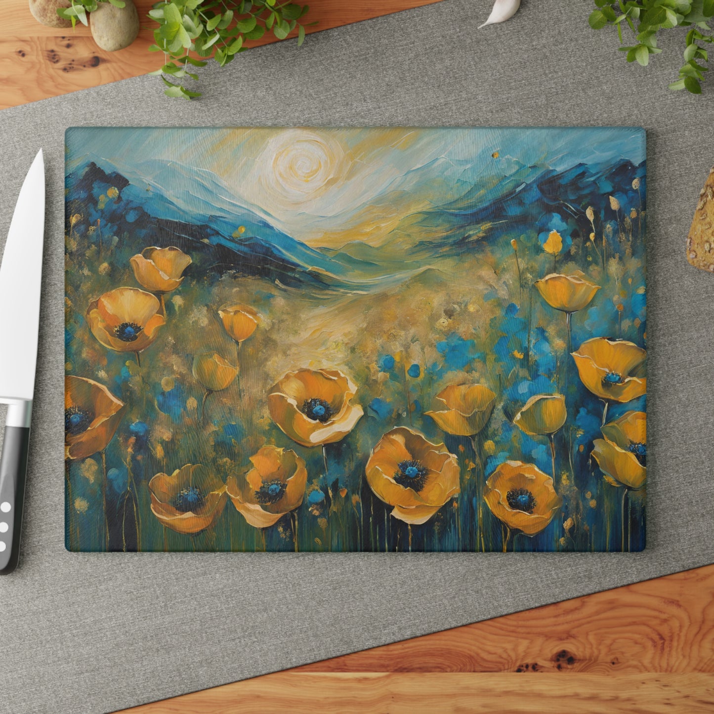 Kitchen Decor Glass Cutting Board Serving Tray with Field of Flowers Design Cutting Board Gift for Home Cook Poppy Floral Charcuterie Board