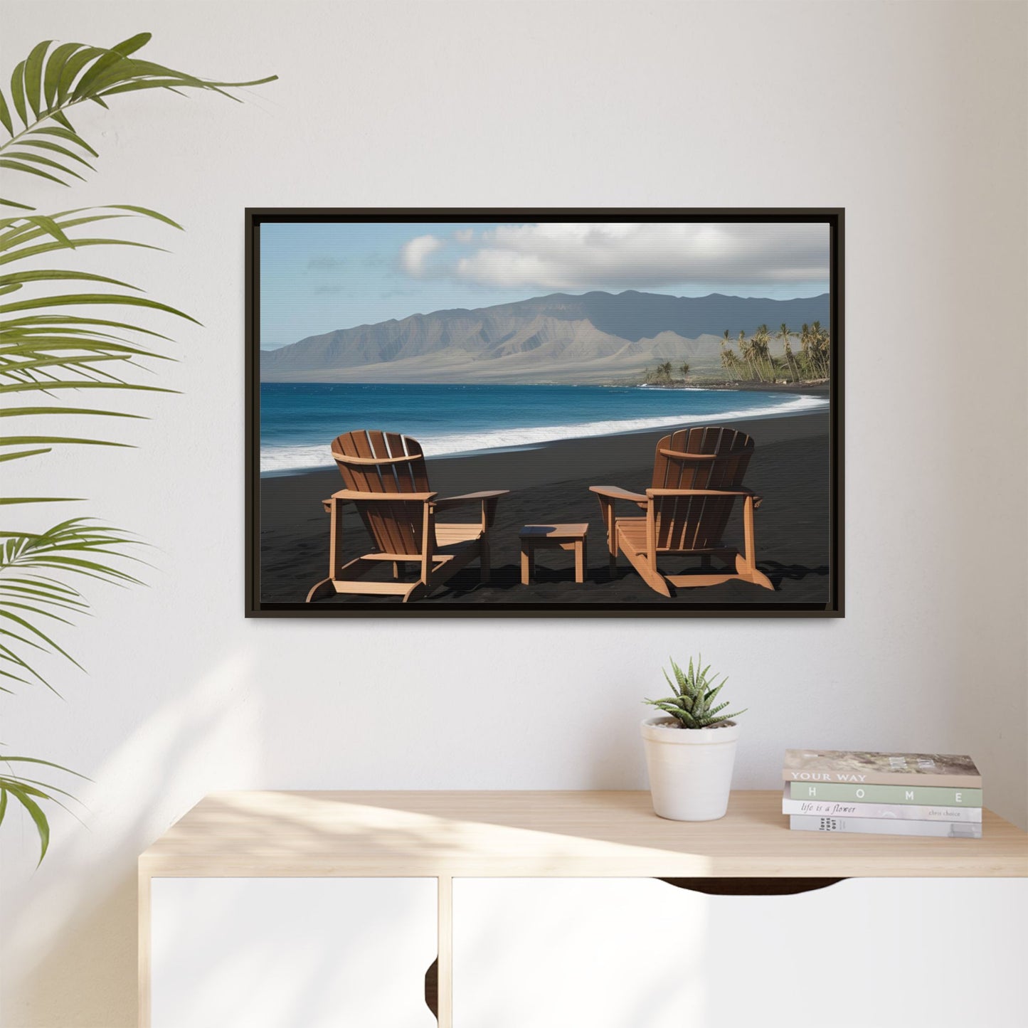 Chairs on the Maui Black Sand Beach Print Unique Framed Canvas Print Wall Art Gift Beachy Nature Lover Ocean Waves Decor 3 frame colors