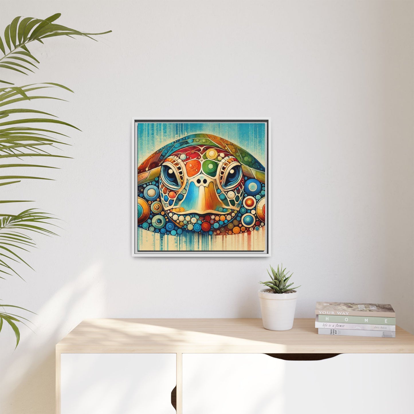 Modern Sea Turtle Print Abstract Design Unique Framed Canvas Print Oceanic Beachy Wall Art Animal Lover Nature Lover Decor 3 frame colors