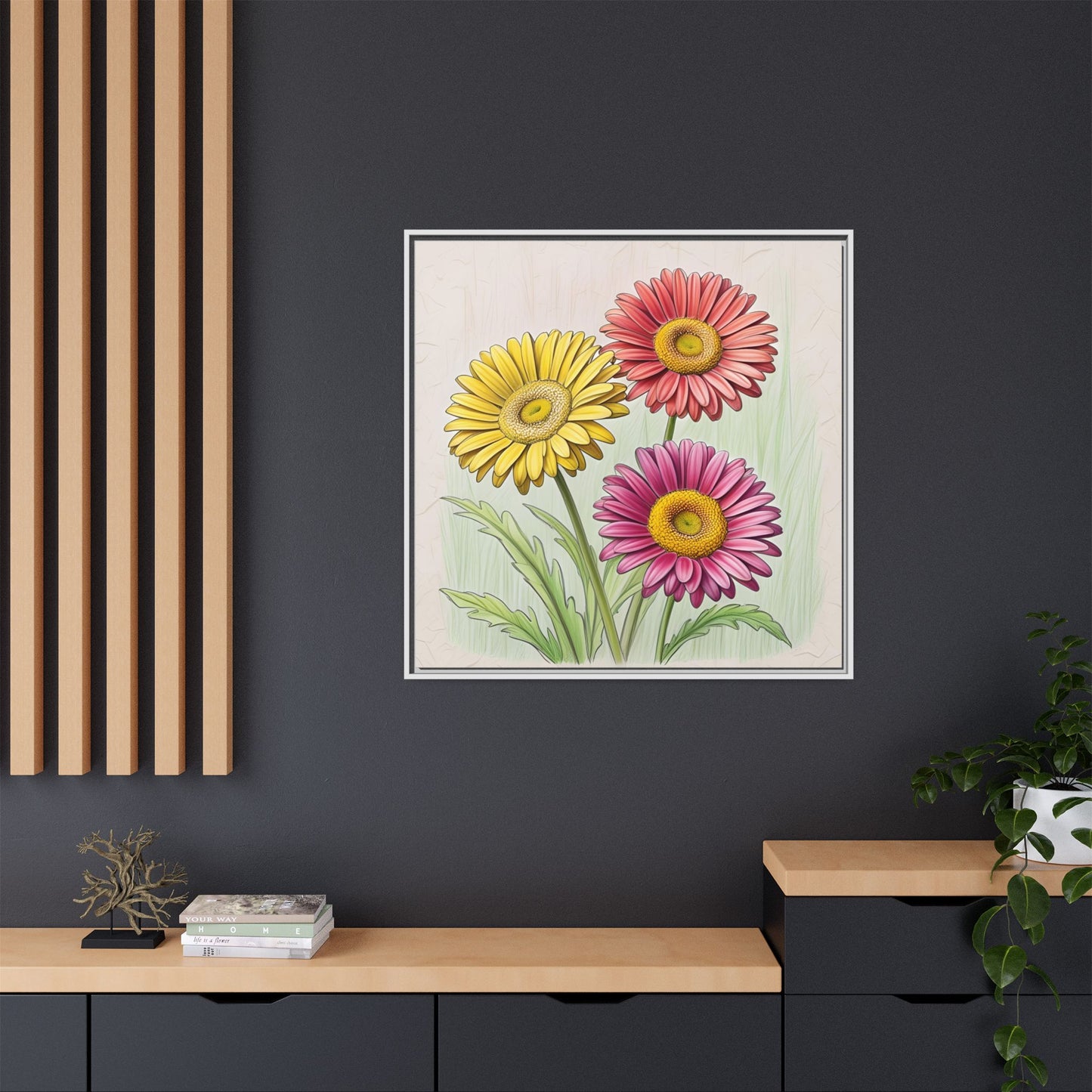 Daisy Floral Design Unique Framed Canvas Wall Art Flower Lover Gift Wildflower Artwork Nature Lover Lanscape Gift 3 frame colors