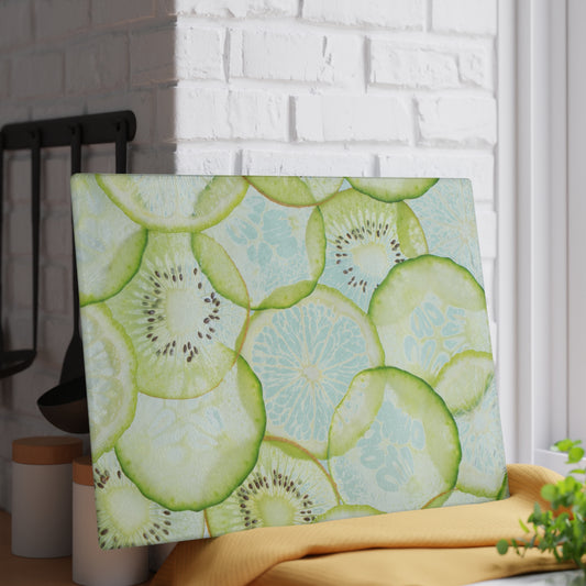 Kitchen Decor Glass Cutting Board Serving Tray with Cucumber, Kiwi and Lime Design Cutting Board Gift for Home Cook Fun Charcuterie Board