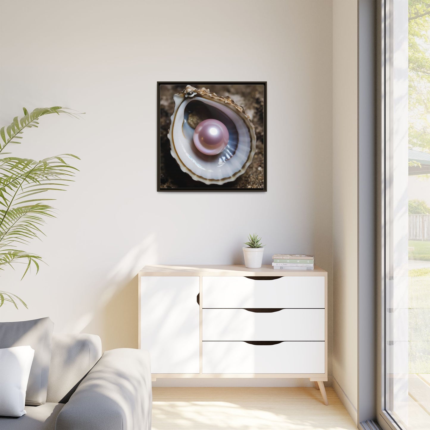 Pink Pearl in Oyster Shell Framed Canvas Wall Art Beach Lover Vacation Oceanic Gift Nature Lover Peaceful Zen Gift 3 frame colors