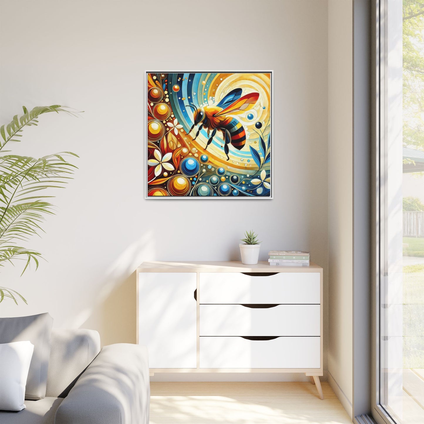 Modern Bee Print Abstract Design Unique Framed Canvas Print Insect Lover Wall Art Animal Lover Nature Lover Decor 3 frame colors