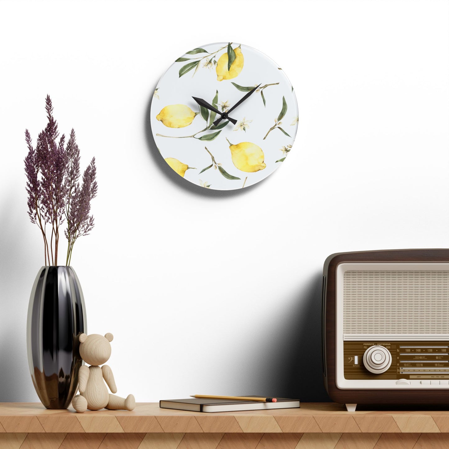 Lemons Design Acrylic Clock Unique Colorful Wall Clock for Kitchen or Living Room Nature Lover Field of Flowers Gardener Gift