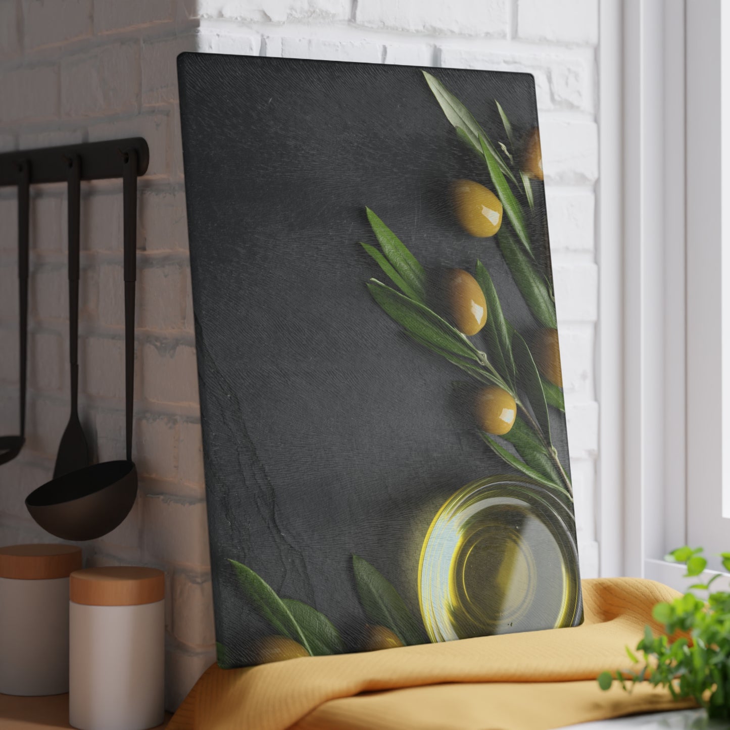 Kitchen Decor Glass Cutting Board Serving Tray with Olives and Olive Oil Design Cutting Board Gift for Home Cook Charcuterie Board