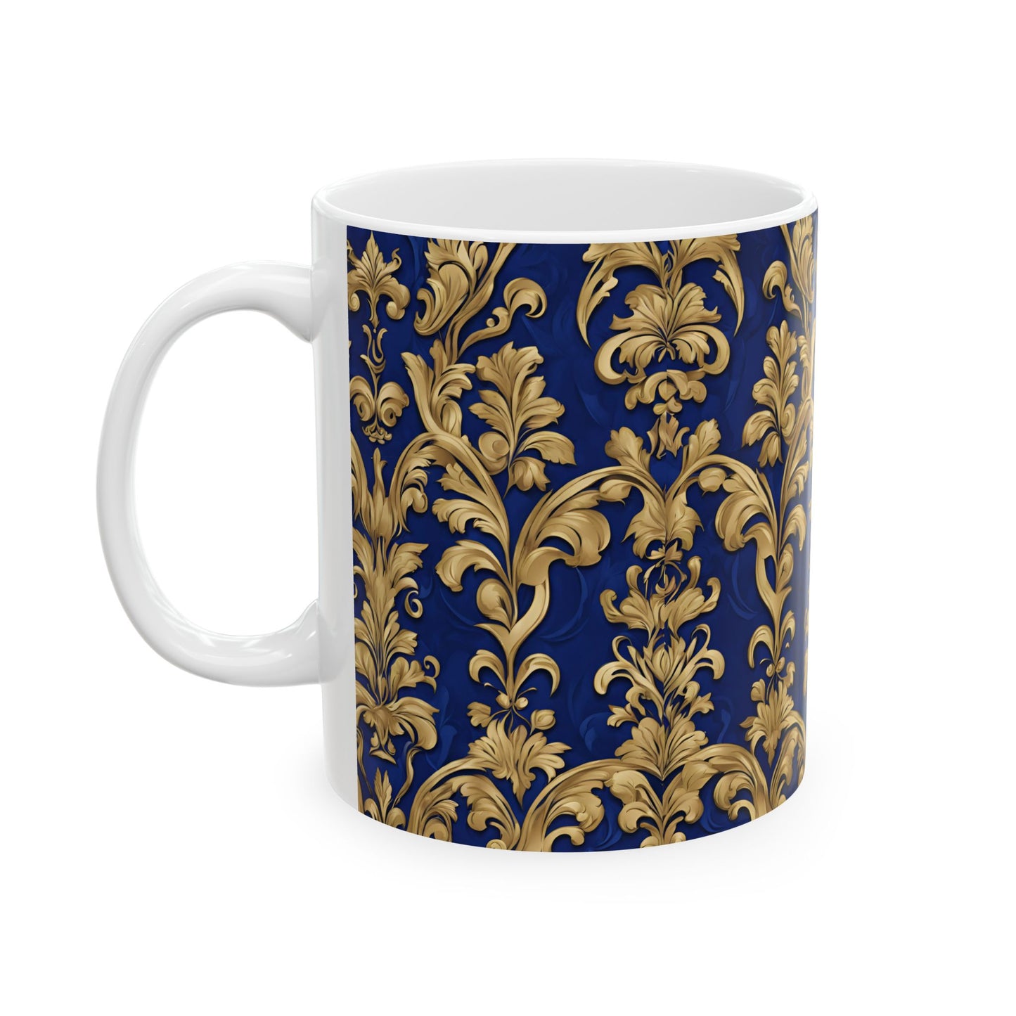 Beautiful Royal Blue and Gold Damask Vintage Tapestry Design Pattern Ceramic Mug, (11oz)
