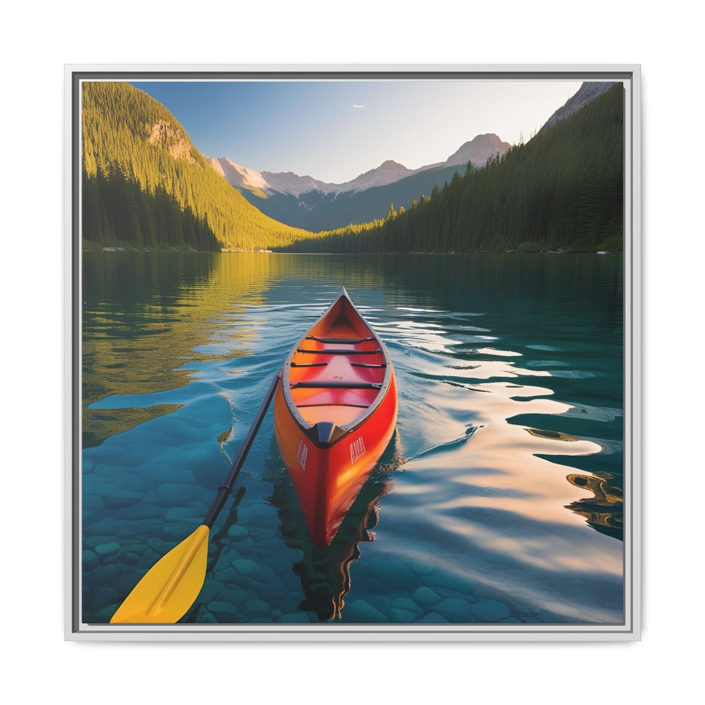 Canoe in the River Framed Canvas Wall Art Mountain Lover Outdoorsman Vacation Kayak Gift Nature Lover Peaceful Zen Gift 3 frame colors