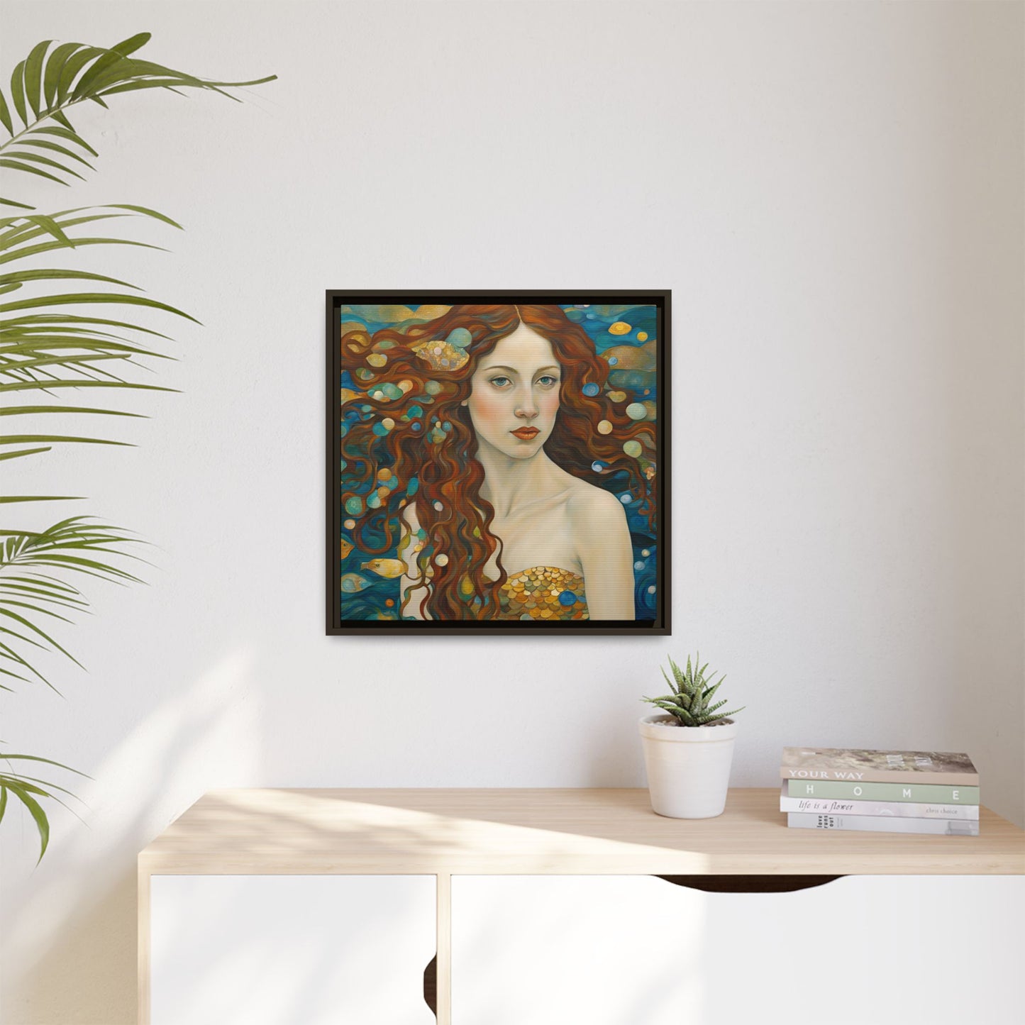 Modern Abstract Mermaid Design Unique Framed Canvas Oceanic Wall Art Underwater Gold Fish Anime Gift Nature Lover Gift 3 frame colors