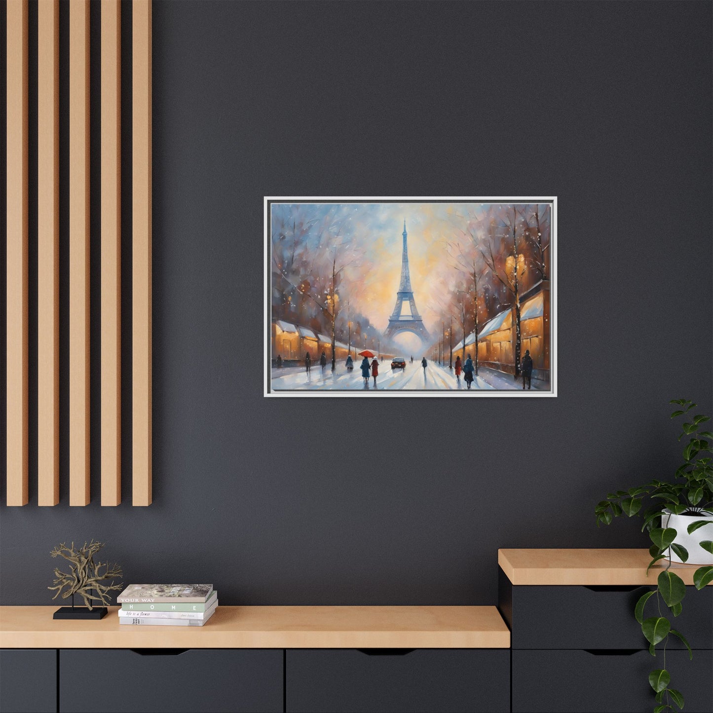 Eiffel Tower in Winter Print Wall Art Matte Stretched Canvas Paris Lover Gift Winter in France, 3 frame colors to choose from