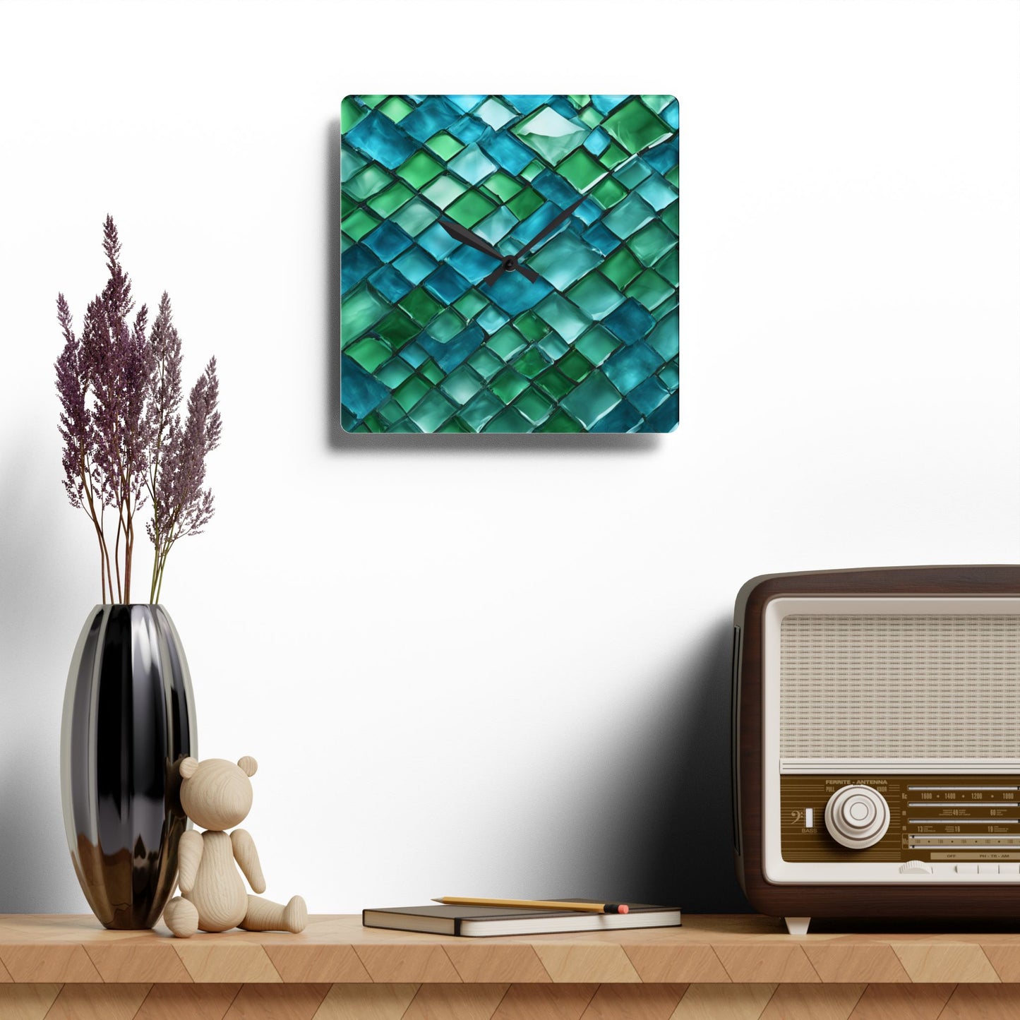 Modern Glass Tile-look Acrylic Clock Unique Colorful Contemporary Wall Clock for Kitchen or Living Room Nature Lover Gift