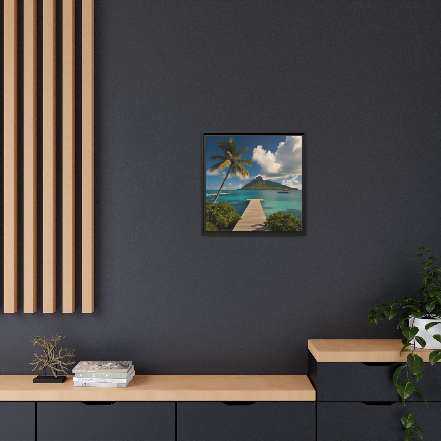 Tropical Island Calm Sunny Day Framed Canvas Wall Art Volcano Beach Vacation Oceanic Gift Nature Lover Peaceful Zen Gift 3 frame colors