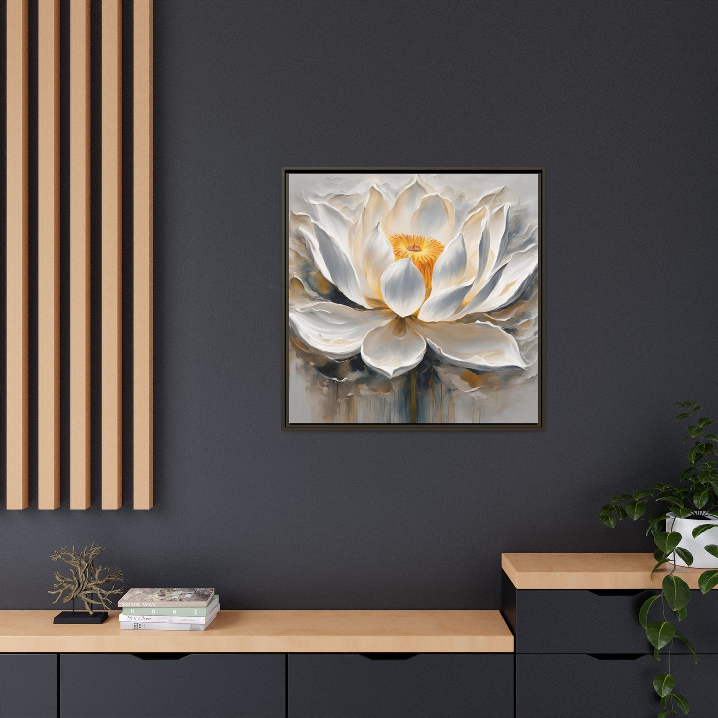 Modern Abstract Floral Design Unique Framed Canvas Wall Art White Lotus Gift Nature Lover Gift Garden Lover Gift 3 frame colors