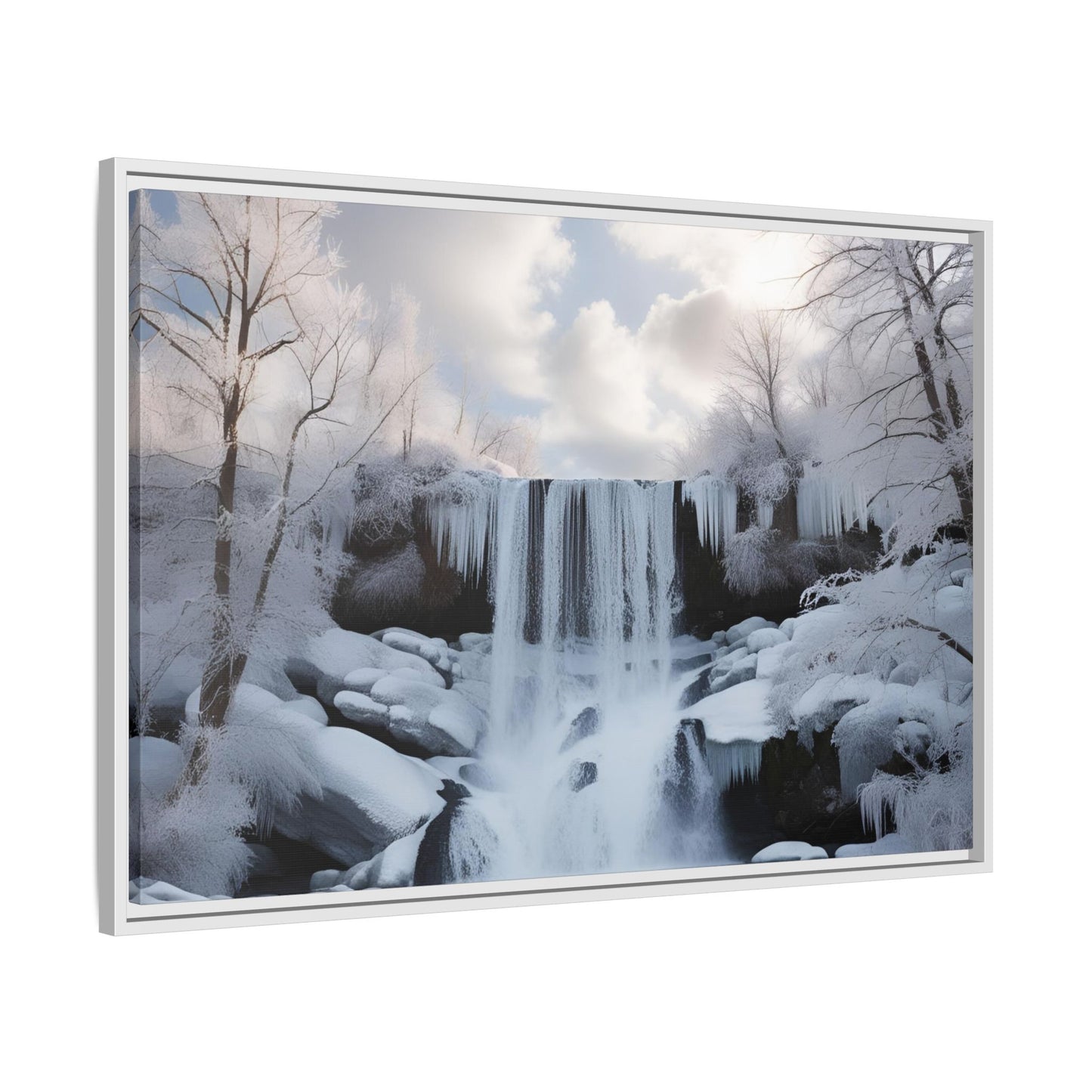 Modern Snowy Waterfall Design Unique Framed Canvas Wall Art Winter Scene Nature Lover Gift Mountain Landscape Decor Gift 3 frame colors