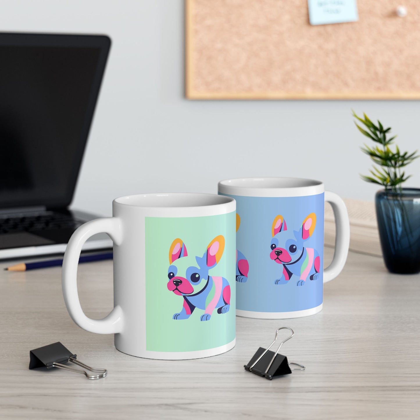 Cute Frenchie Puppy Baby Blue and Mint Green Ceramic Coffee Tea or Hot Chocolate Mug Pet Lover Gift