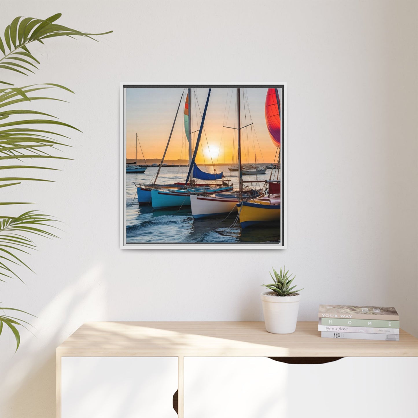 Sailboats at Sunset in Harbor Framed Canvas Wall Art Beach Lover Vacation Oceanic Gift Nature Lover Peaceful Zen Sunrise Art 3 frame colors