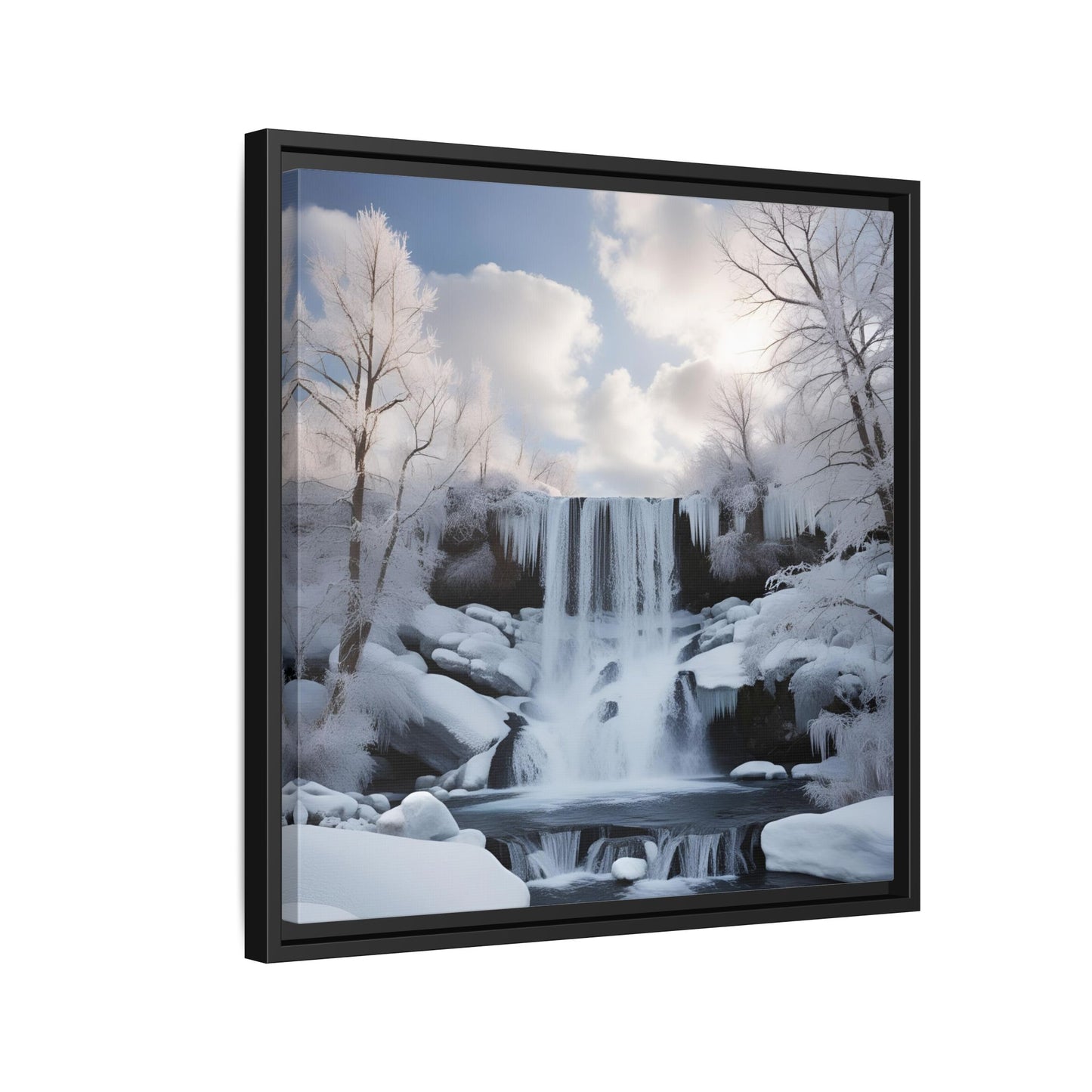 Modern Snowy Waterfall Design Unique Framed Canvas Wall Art Winter Scene Nature Lover Gift Mountain Landscape Decor Gift 3 frame colors