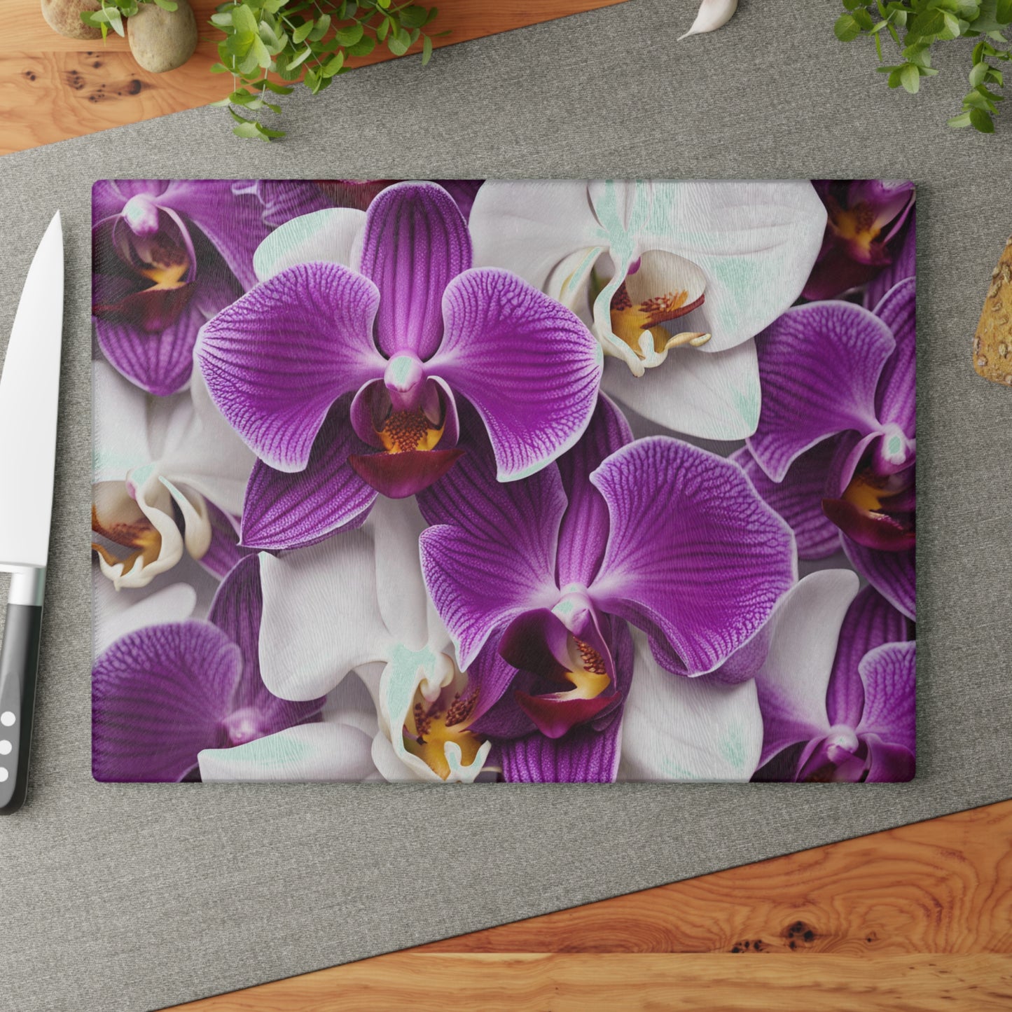 Kitchen Decor Glass Cutting Board Serving Tray with Orchid Design Pattern Cutting Board Gift for Home Cook Charcuterie Board