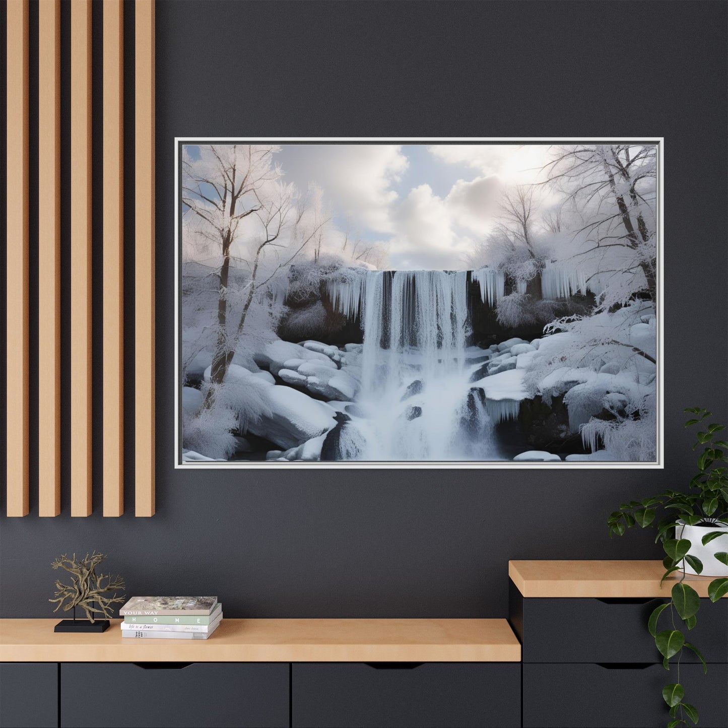 Modern Snowy Waterfall Design Unique Framed Canvas Wall Art Winter Scene Nature Lover Gift Mountain Landscape Decor Gift 3 frame colors