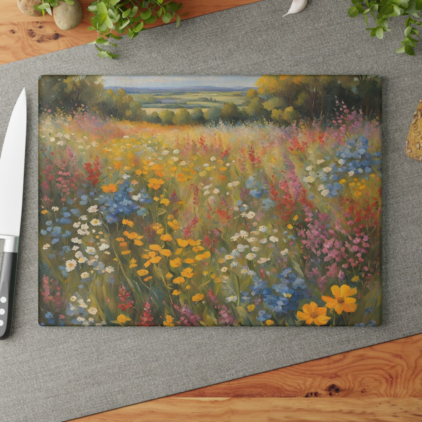 Kitchen Decor Glass Cutting Board Serving Tray with Field of Flowers Pattern Cutting Board Gift for Home Cook Charcuterie Board
