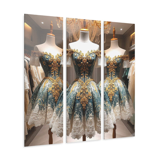 Fashion Formal Runway Damask Design Dress Triptych 3-Panel Acrylic Print Wall Art Unique Haute Couture Fashionista Vintage Style Decor