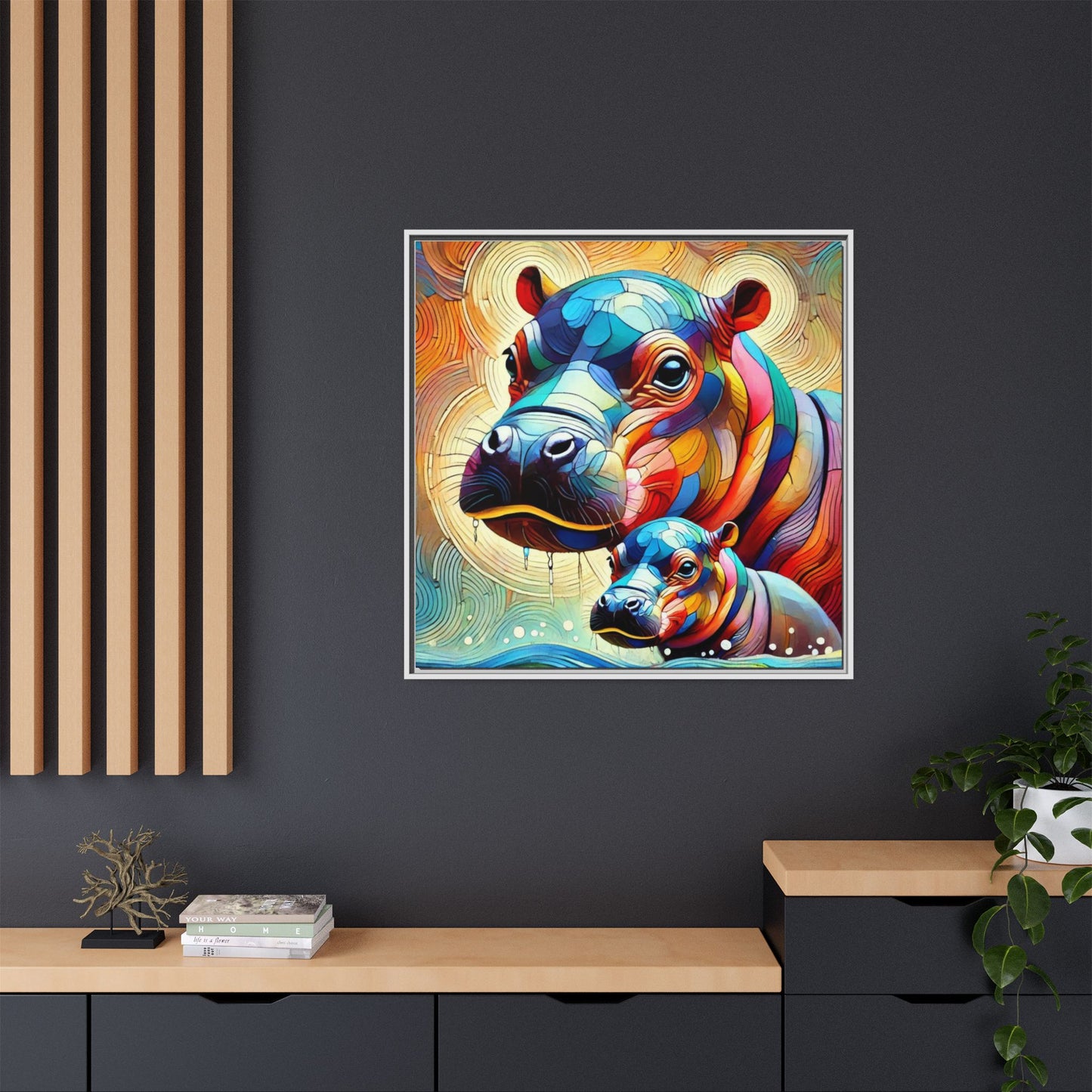 Modern Hippo Print Abstract Design Unique Framed Canvas Print Baby Hippo Wall Art Animal Lover Gift Nature Lover Decor 3 frame colors