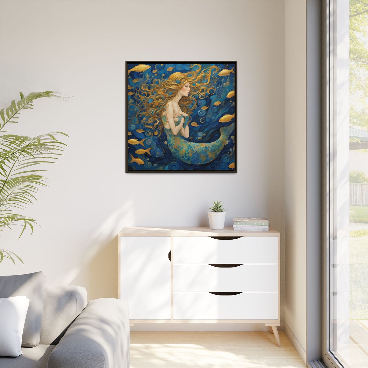 Modern Abstract Mermaid Design Unique Framed Canvas Oceanic Wall Art Underwater Gold Fish Anime Gift Nature Lover Gift 3 frame colors
