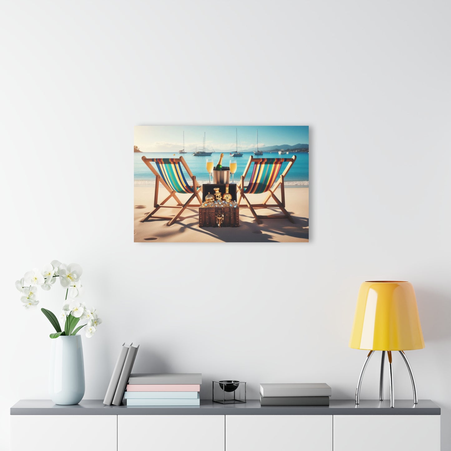 Chairs on the Beach with Pirate's Treasure Acrylic Print with Sailboats in the Ocean Lover Wall Art Beachy Gift Artwork Modern Home Decor