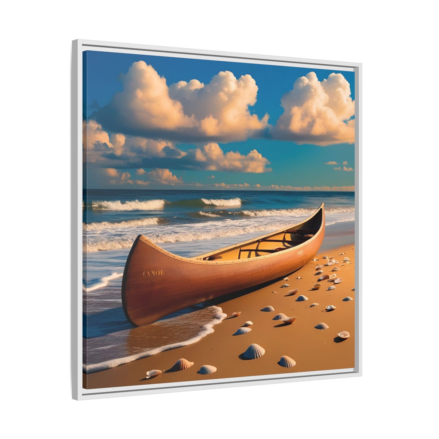 Canoe on the Beach Calm Sunny Day Framed Canvas Wall Art Beach Lover Vacation Oceanic Gift Nature Lover Peaceful Zen Gift 3 frame colors
