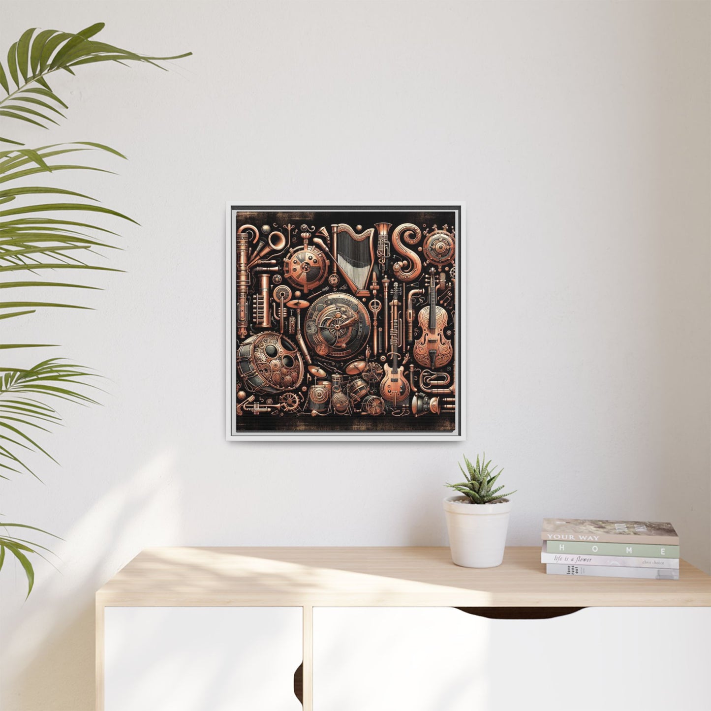 Modern Music-Themed Steampunk Style Print Abstract Design Unique Framed Canvas Print Wall Art Music Lover Gift Decor 3 frame colors