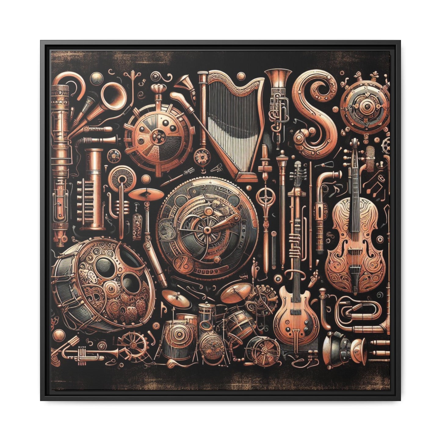 Modern Music-Themed Steampunk Style Print Abstract Design Unique Framed Canvas Print Wall Art Music Lover Gift Decor 3 frame colors
