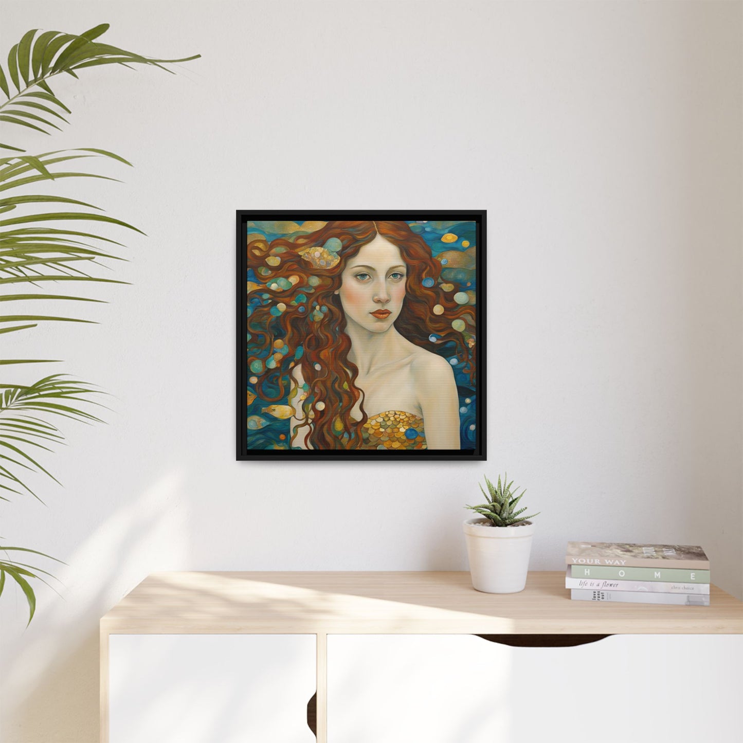 Modern Abstract Mermaid Design Unique Framed Canvas Oceanic Wall Art Underwater Gold Fish Anime Gift Nature Lover Gift 3 frame colors