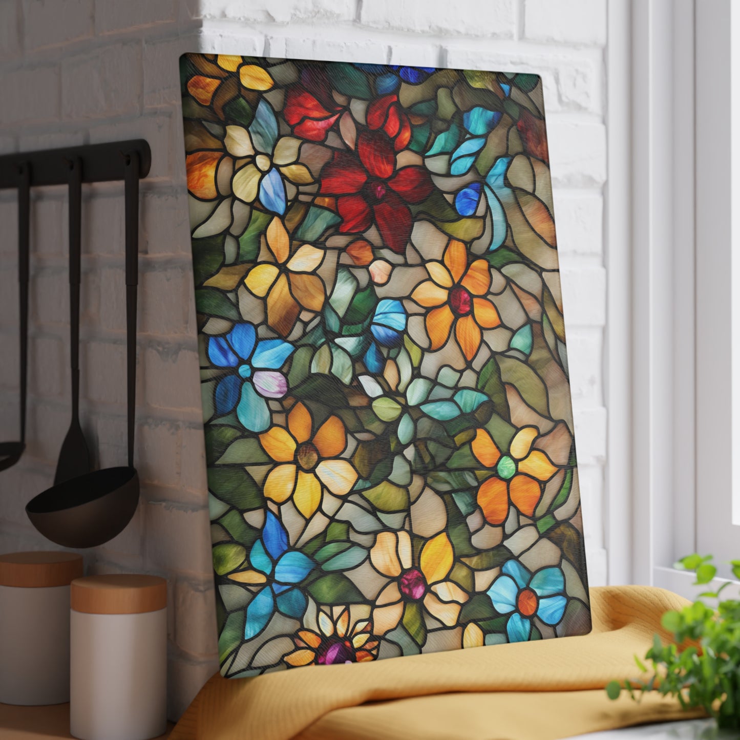 Floral Kitchen Decor Glass Cutting Board Serving Tray with Daisy Design Cutting Board Gift for Home Cook Floral Charcuterie Board