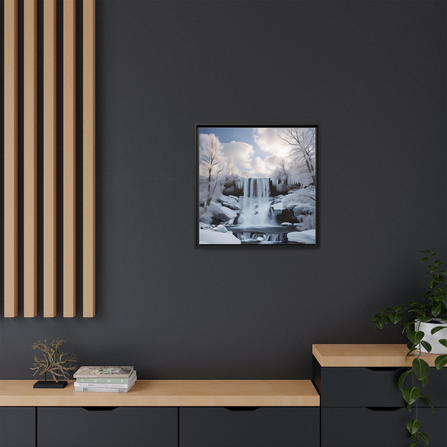 Modern Snowy Waterfall Design Unique Framed Canvas Wall Art Winter Scene Nature Lover Gift Mountain Landscape Decor Gift 3 frame colors