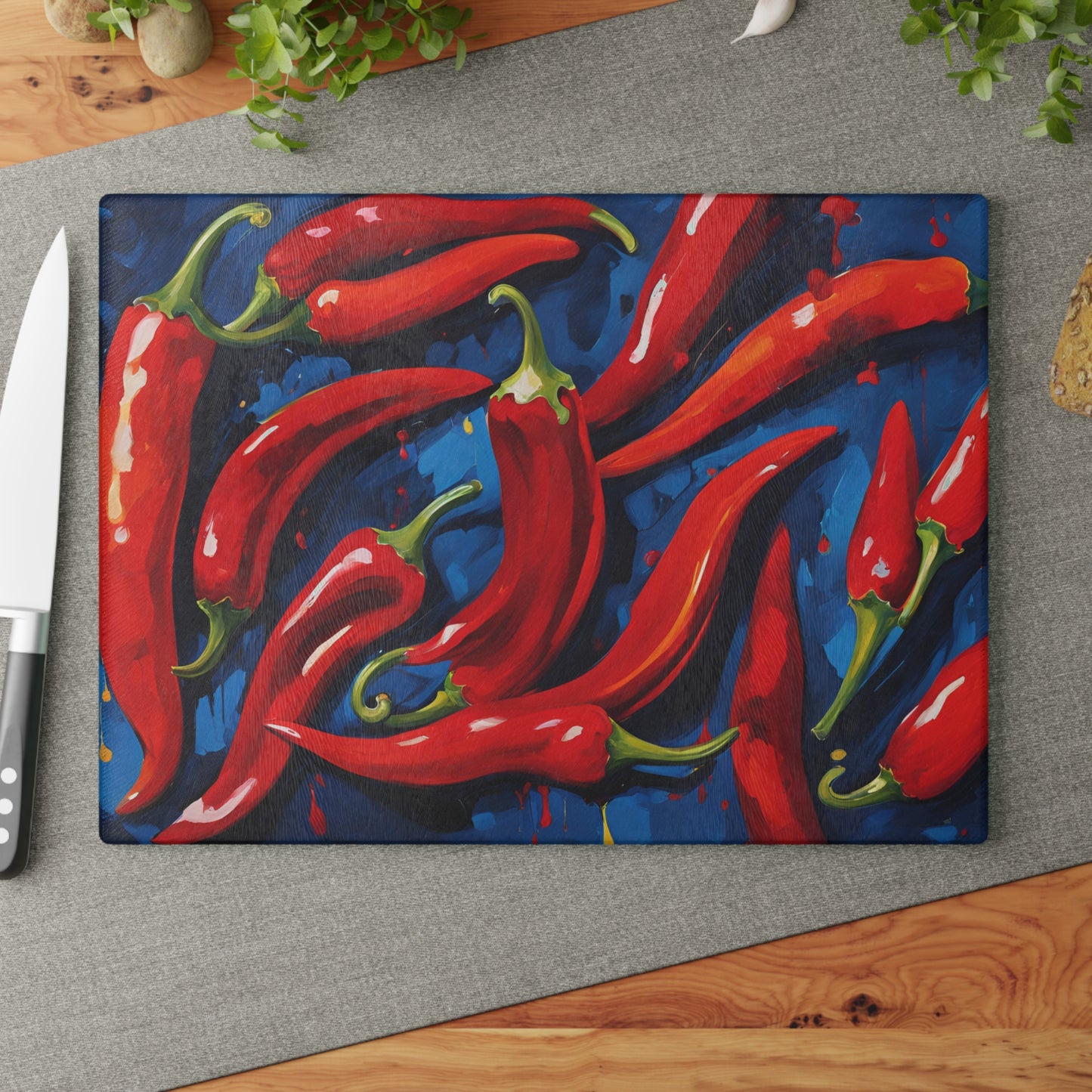 Kitchen Decor Glass Cutting Board Serving Tray with Red Hot Chili Peppers Pattern Cutting Board Gift for Home Cook Charcuterie Board