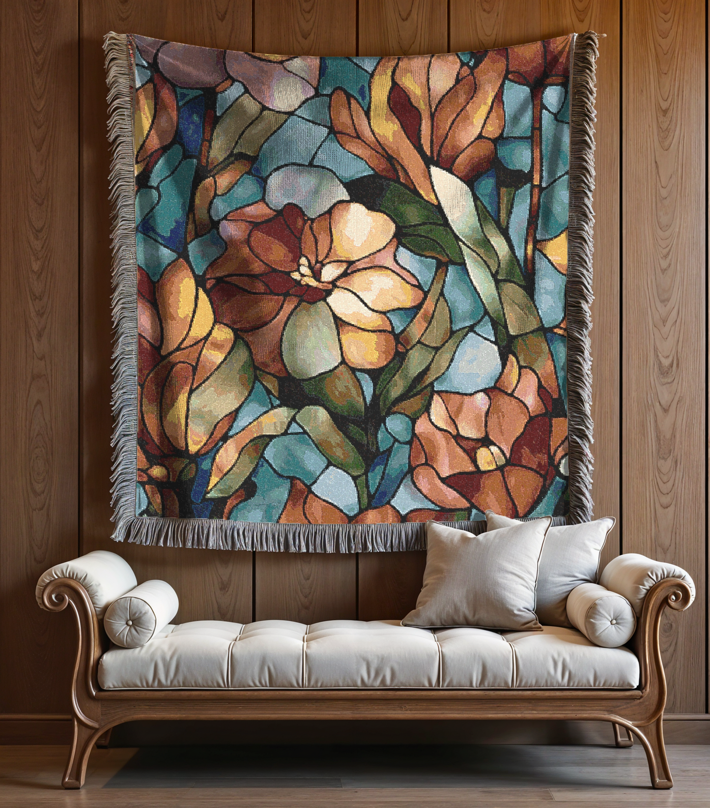 Floral Design Cozy Reading Throw for Book Lovers Cotton Woven Fringed Picnic Blanket Wall Art