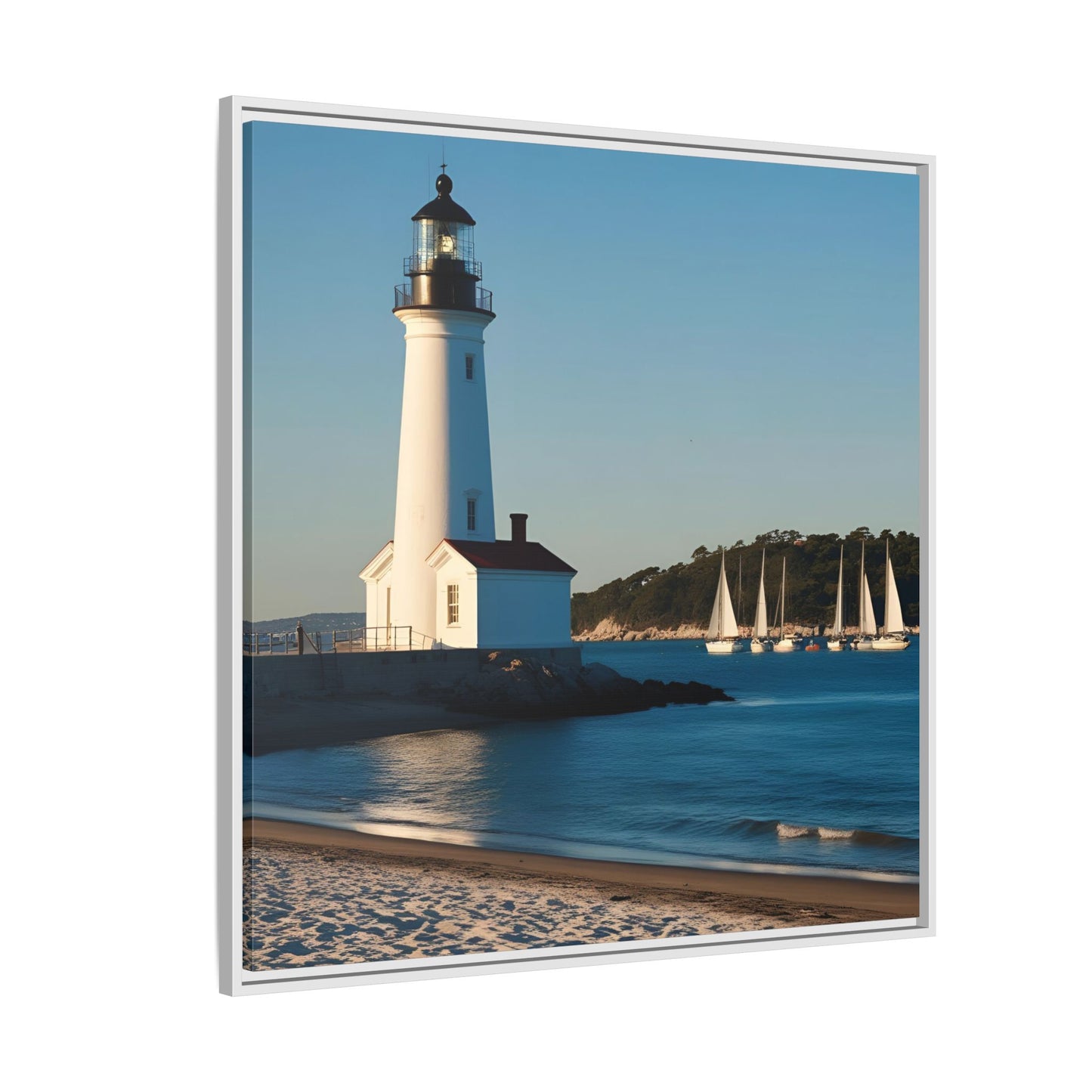 Lighthouse on the Beach Unique Framed Canvas Print Wall Art Nature Lover Gift Beachy Sailboats in the Ocean Vacation Decor 3 frame colors