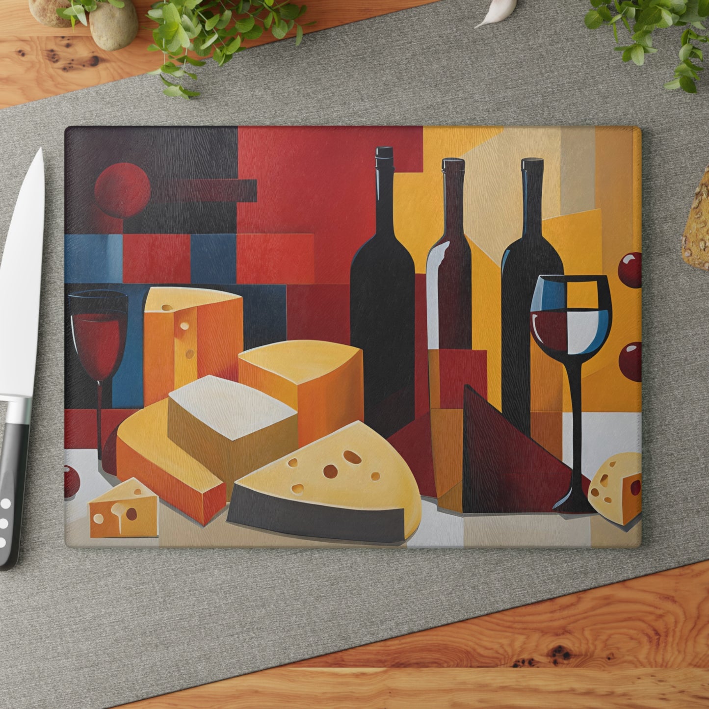 Kitchen Decor Glass Cutting Board Serving Tray with Wine and Cheese Design Cutting Board Gift for Home Cook Charcuterie Board