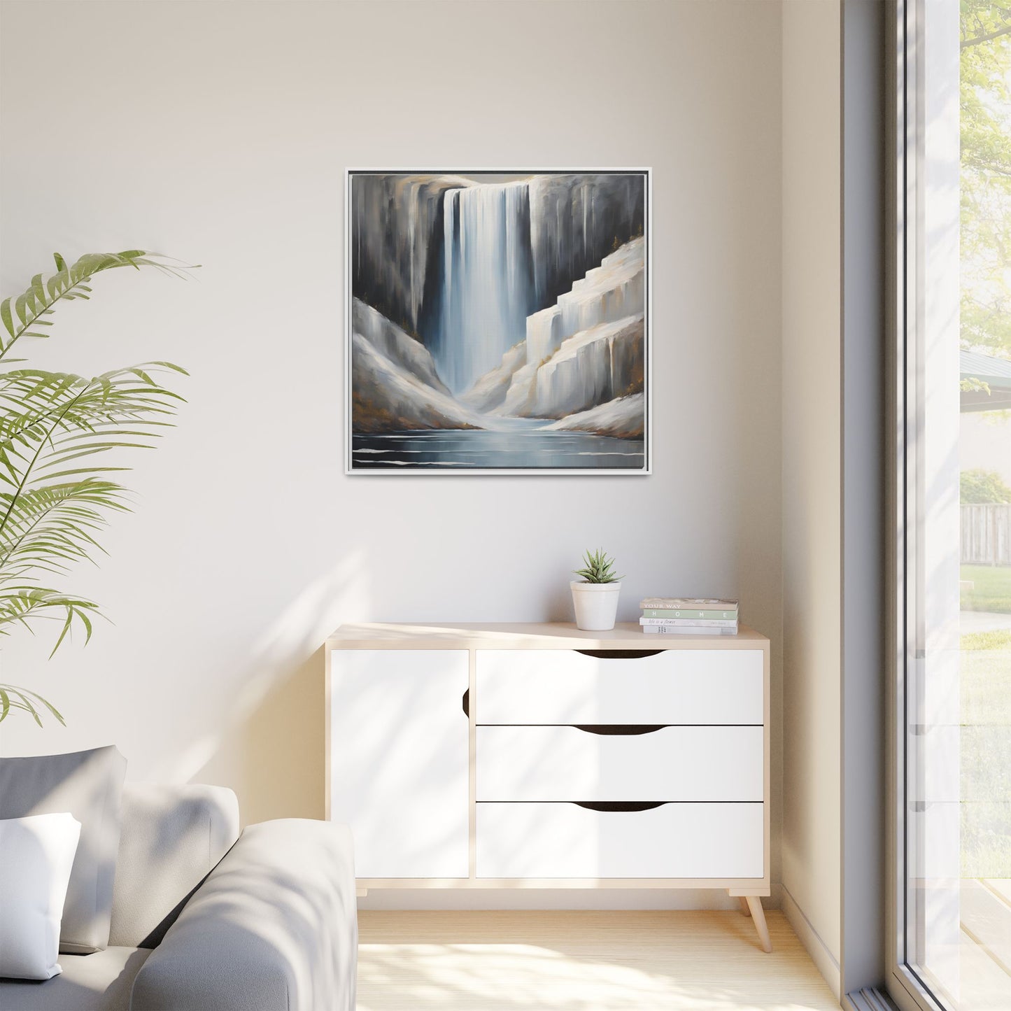 Modern Abstract Waterfall Design Unique Framed Canvas Wall Art Ocean Beach Gift Nature Lover Gift Mountain Landscape Gift 3 frame colors