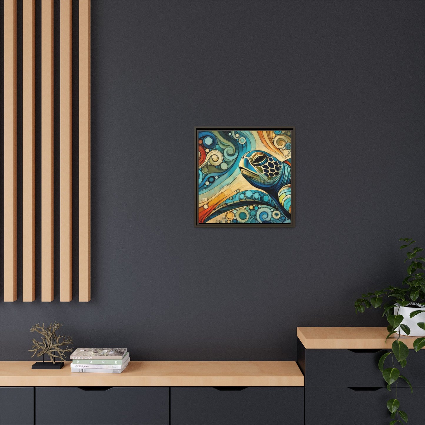 Modern Sea Turtle Print Abstract Design Unique Framed Canvas Print Oceanic Wall Art Animal Lover Gift Nature Lover Decor 3 frame colors
