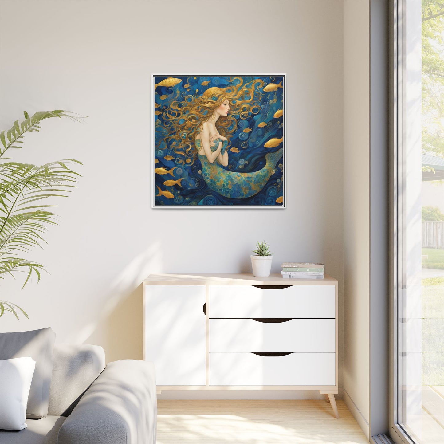 Modern Abstract Mermaid Design Unique Framed Canvas Oceanic Wall Art Underwater Gold Fish Anime Gift Nature Lover Gift 3 frame colors