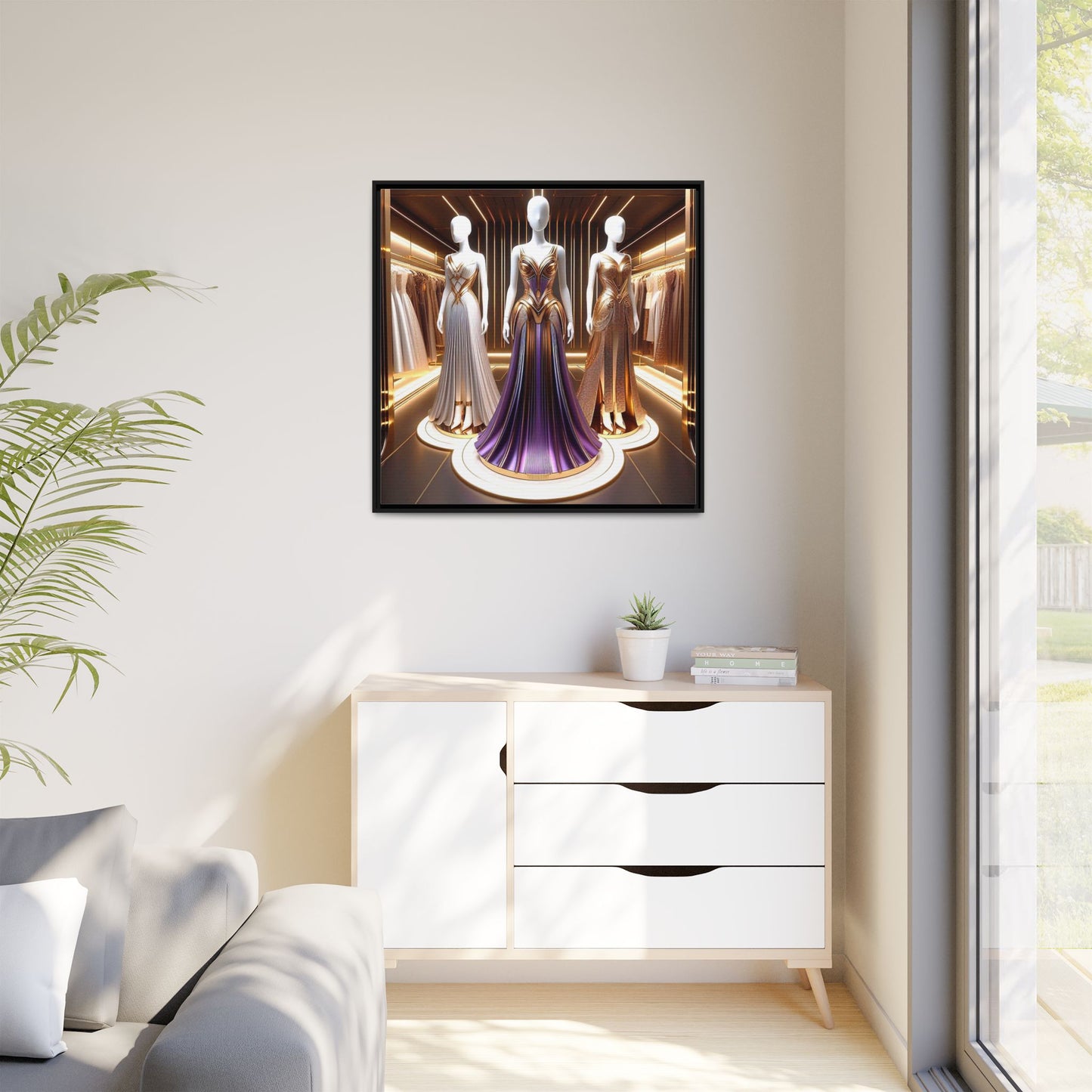 Futuristic Bodycon Runway Dress Framed Canvas Print Wall Art Unique Fashion Designer Style Haute Couture Fashionista Gift 3 Frame Colors