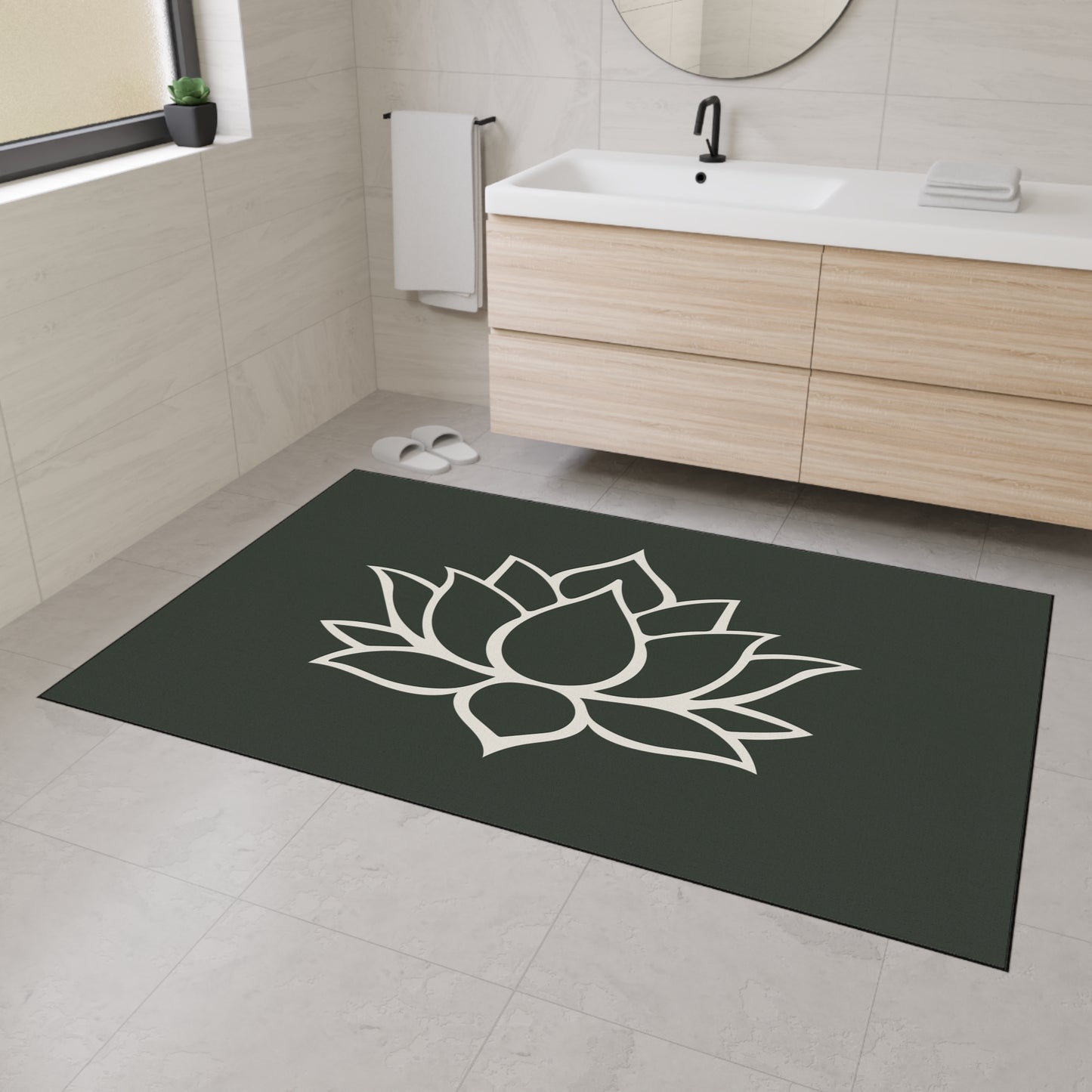 Decorative Heavy Duty Non-Slip Floor Mat Stylish Design Perfect for Entryway Kitchen Décor Green Lotus Blossom Floral Design Rug Bath Mat